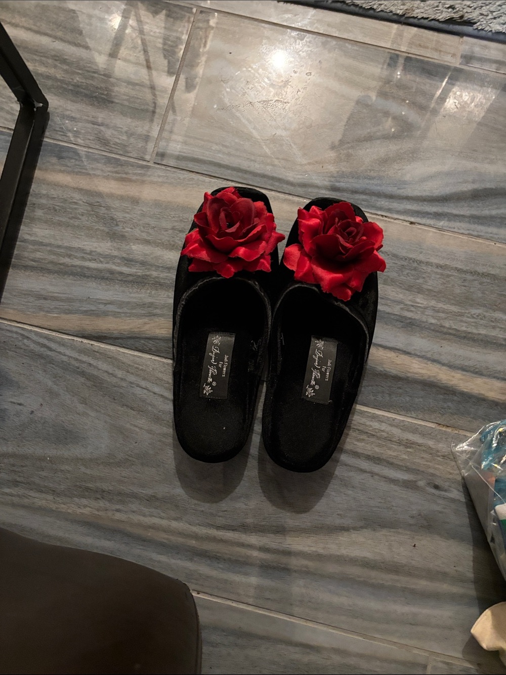 Betsey Johnson Black Velvet Slippers with Red Rose Appliqué-NWOT